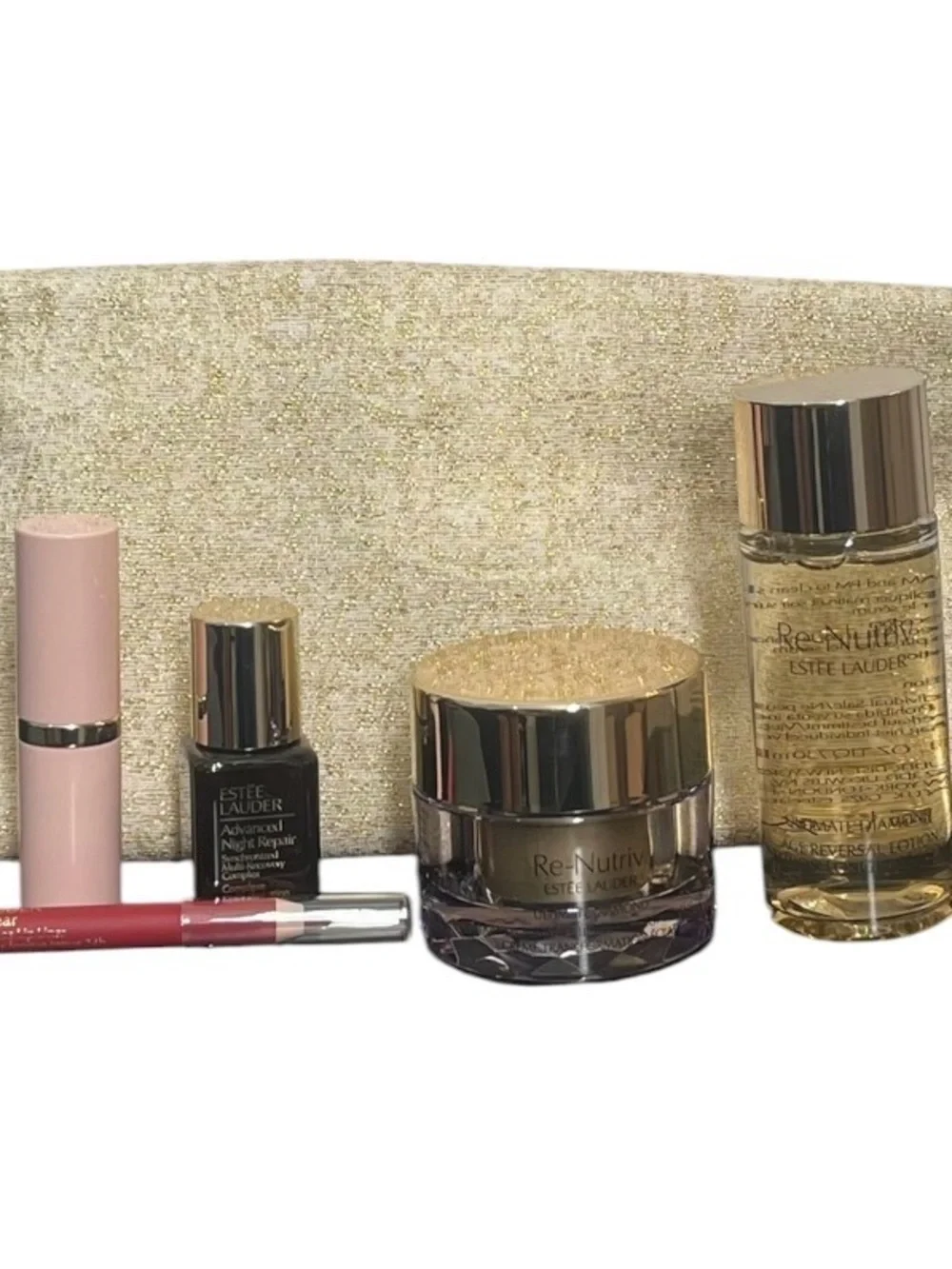 : Estée Lauder Re-Nutriv Luxury 6 Piece Travel Set With Gold Metallic Pouch New